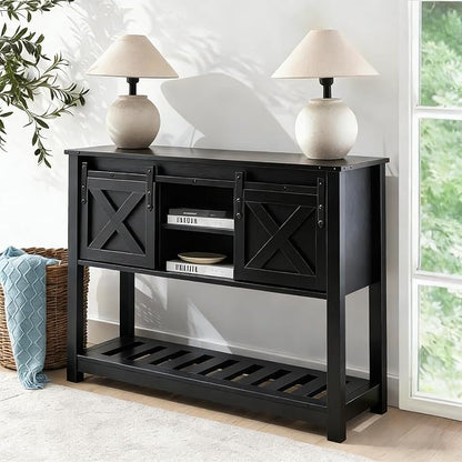 3 Piece Living Room Tables Set of 3, Farmhouse Entryway Table with Storage and End Tables with Charging Station, Sliding Door Console Table Set, Rustic Sofa Set for Hallway, Black
