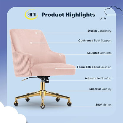 Serta Scarlett Modern Office Chair, Pleated and Curved Mid-Back Desk Chair, Pocket Coil Seat Cushion, Padded Armrests, Vanity Armchair with Wheels, Swivel Gold Base, Pink Velvet Fabric