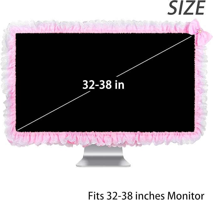 32"-38" Lovely Cute Computer Monitor Cover with Lovely Cute Elastic Pen Pocket Bow-knot TV LCD Screen Monitor Decoration Dust Cover Protector, Lace Fabric- Pink