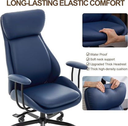 E-Motie Office Chair, Leather Desk Chair with Rubber Wheels, Ergonomic Computer Chair 500 LBS with Lumbar Support, High Back Executive Chair for Modern Home Office, Blue