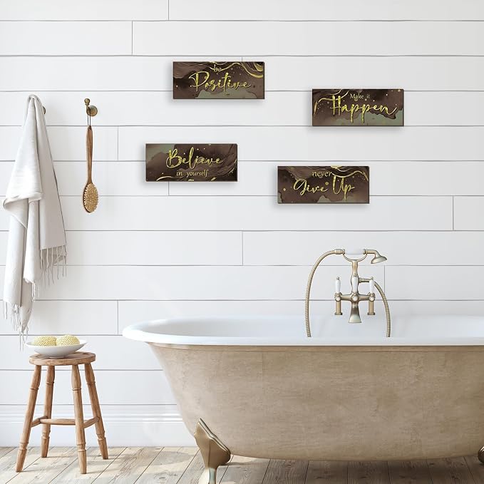 FENCORDAR 4 Piece Brown and Gold Wall Decor Set Motivational Wall Decor Inspirational Wooden Signs for Bedroom Bathroom Women’s Office Abstract Elegant Art for Home or Office Decoration 10X4 Inches
