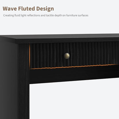 IDEALHOUSE 54" Executive Desk with Fluted Wave Board Design, Home Office Computer Desk with 3 Drawers and Storage Cabinet, Built-in USB Ports & Power Outlets, Modern Writing Table for Bedroom Black
