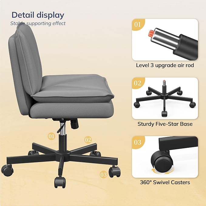 DurayLoly Criss Cross Chair with Wheels, Cross Legged Office Chair with 2 Layer Comfty Leather & Back, Armless Wide Vanity Chair for Home Office, Grey