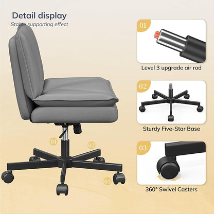 DurayLoly Criss Cross Chair with Wheels, Cross Legged Office Chair with 2 Layer Comfty Leather & Back, Armless Wide Vanity Chair for Home Office, Grey