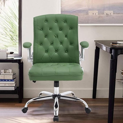 Mid-Back Office Chair, Modern Leather Ergonomic Executive Desk Chair with Flip Up Arm, Mid Century Swivel Task Chair, Small Rocking Computer Chair with Wheels for Home Office Meeting Room