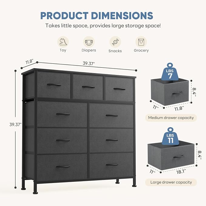 DUMOS Dresser for Bedroom, Dressers & Chests of Drawers Dresser Organizer, Wood Top Table Furniture with 9 Fabric Storage Tower Unit, Chest of Drawers for Closet, Living Room, Hallway, Porch
