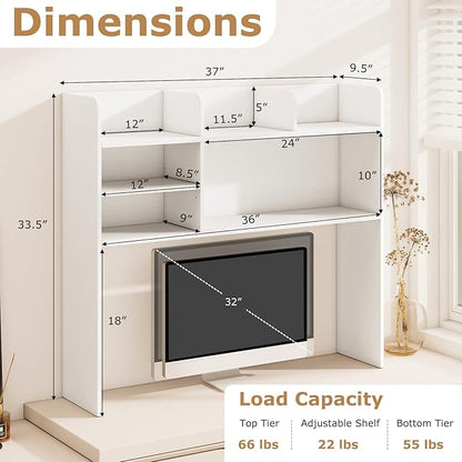 GOFLAME 6 Shelves Desktop Bookshelf, 37” Desk Hutch Dorm for Computer Monitor Up to 32”, 3-Tier Countertop Display Rack, Wood Desk Storage Organizer Shelf for Home Office, Study, White