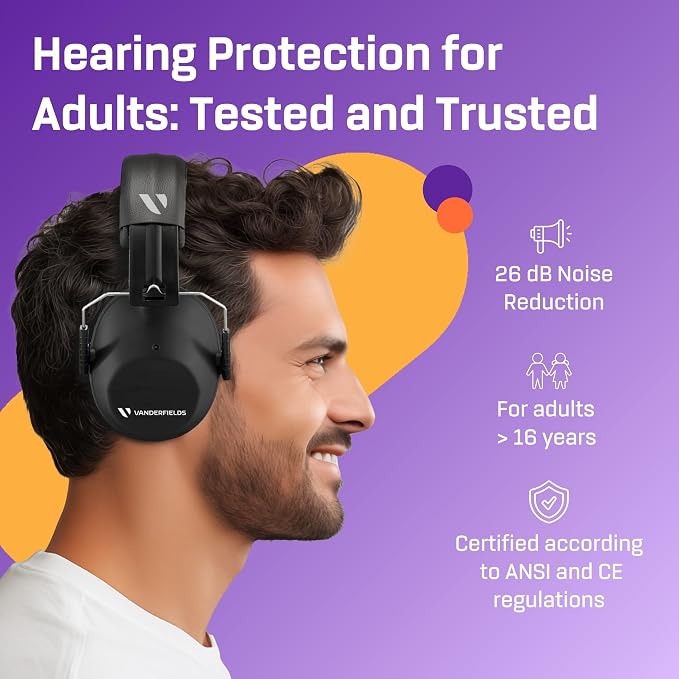 Vanderfields - Hearing Protection Ear Muffs - Over 31 dB (2K Hz) Broad Noise Cancelling Sound Reduction - Adults & Teens
