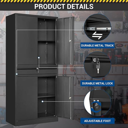 Fesbos 71" Metal Cabinet-Black Heavy Duty Storage File Cabinet Steel Tool Cabinets with Shelves, Lockable Doors and Drawers- for Garage, Pantry, Warehouse - Assembly Required