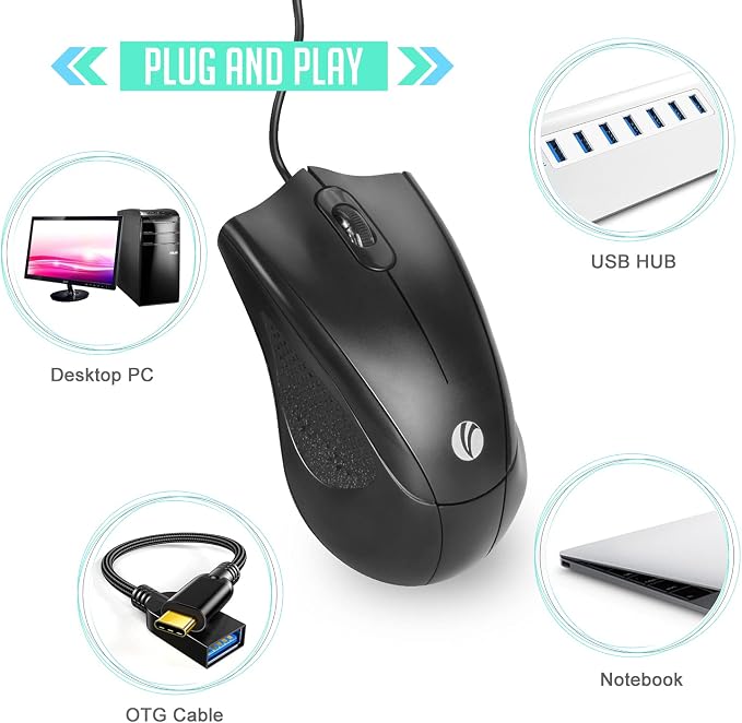 VCOM Wired USB Mouse with 6-Foot Cord, 1200 DPI, Right or Left Hand Use, Ergonomic Design, Black