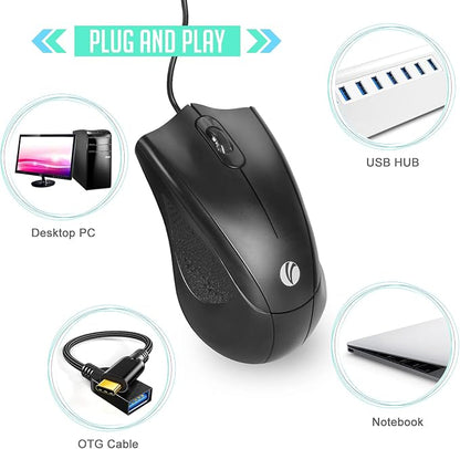 VCOM Wired USB Mouse with 6-Foot Cord, 1200 DPI, Right or Left Hand Use, Ergonomic Design, Black