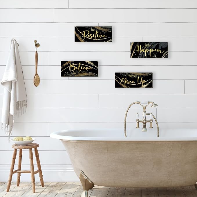 FENCORDAR 4 Piece Black and Gold Wall Decor Set Motivational Wall Decor Inspirational Wooden Signs for Bedroom Bathroom Women’s Office Abstract Elegant Art for Home or Office Decoration 10X4 Inches