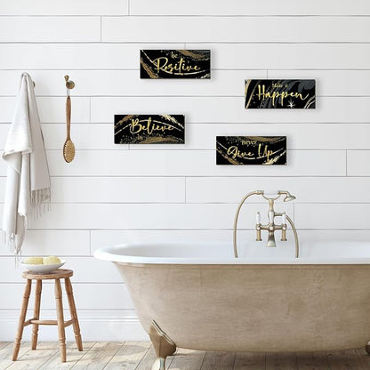 FENCORDAR 4 Piece Black and Gold Wall Decor Set Motivational Wall Decor Inspirational Wooden Signs for Bedroom Bathroom Women’s Office Abstract Elegant Art for Home or Office Decoration 10X4 Inches