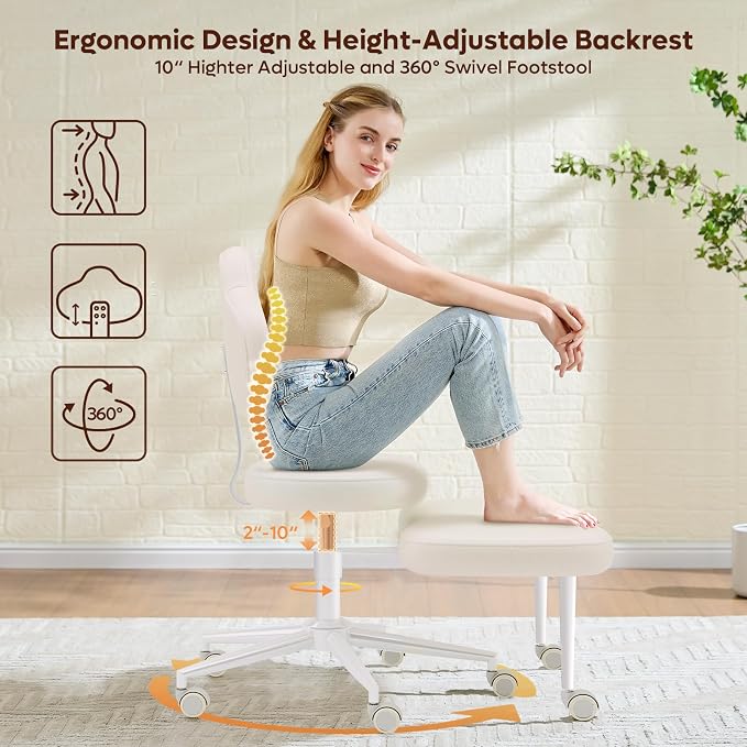 Pinmoco Cross Legged Office Chair with Wheels, Meditation Chair, ADHD Chair for Adults, Wider Height Adjustable Backrest and Seat, Yoga Office Chair, PU Leather, Beige