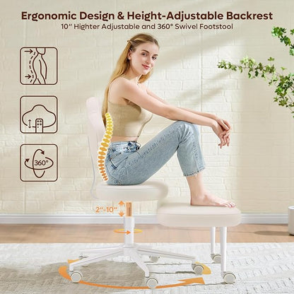 Pinmoco Cross Legged Office Chair with Wheels, Meditation Chair, ADHD Chair for Adults, Wider Height Adjustable Backrest and Seat, Yoga Office Chair, PU Leather, Beige