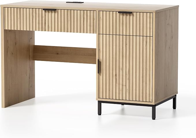 EYYTHUNG 47" Fluted Executive Desk, Modern Wood Home Office Desk with Charging Station, Drawer & Cabinet, Computer Writing Desk for Work Study, Light Oak