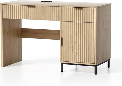 EYYTHUNG 47" Fluted Executive Desk, Modern Wood Home Office Desk with Charging Station, Drawer & Cabinet, Computer Writing Desk for Work Study, Light Oak