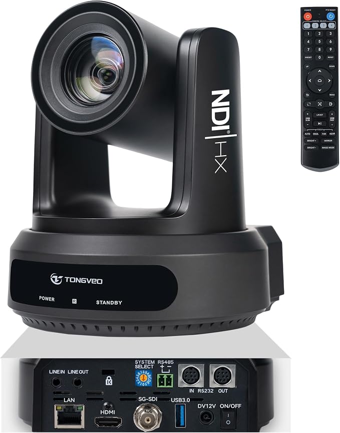 TONGVEO NDI PTZ Camera with AI Auto-Tracking: 20X Optical Zoom HDMI SDI USB PoE IP 1080P 60fps Video Camera for Live Streaming Conference Room Webcam for Church Worship, OBS