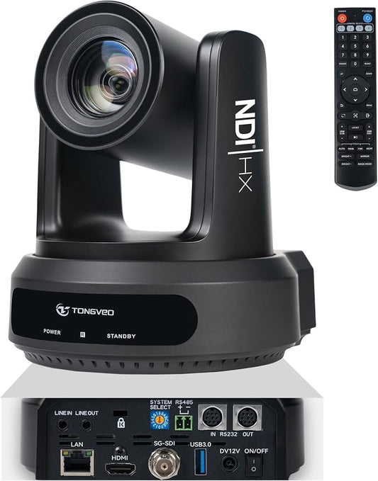 TONGVEO NDI PTZ Camera with AI Auto-Tracking: 20X Optical Zoom HDMI SDI USB PoE IP 1080P 60fps Video Camera for Live Streaming Conference Room Webcam for Church Worship, OBS