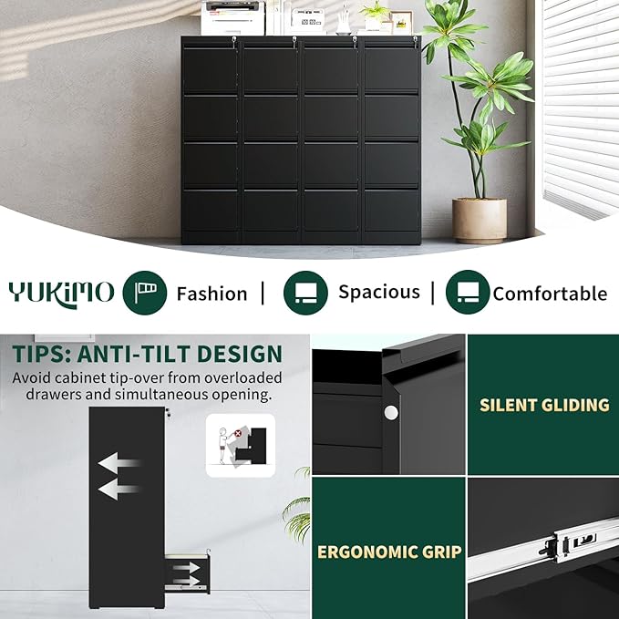 4 Drawer File Cabinet with Lock, Vertical Filing Cabinets for Home Office, Locking File Cabinet Hanging Files for A4/ Legal/Letter, Require Assembly, Black