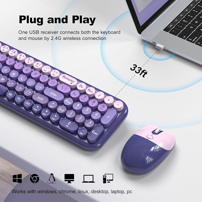 Wireless Keyboard and Mouse Combo, Meidosa 2.4GHz Colorful Full-Size Retro Typewriter Keyboard with Cat Shape 3 Level Adjustable Optical Mouse for PC/Desktop/Laptop/Windows (Purple Gradient)