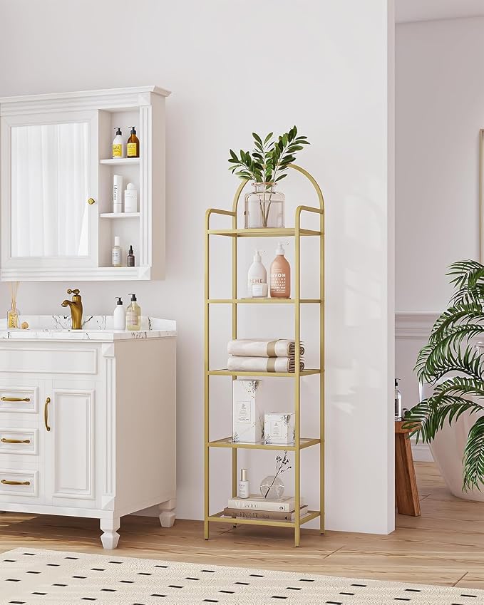 Hzuaneri Bookcase Bookshelf, Tempered Glass Bookshelves, Slim Shelving Unit for Bedroom, Bathroom, Home Office, Steel Frame, 5 Tier Gold BC05001G