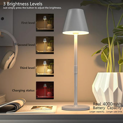 Timjorman 4-Pack Cordless Table Lamps - 5000mAh Rechargeable Battery Operated Desk Lamp, 3-Level Dimmable LED Night Light for Bedroom, Dining, Restaurant - Metal Design(White 4PACK)