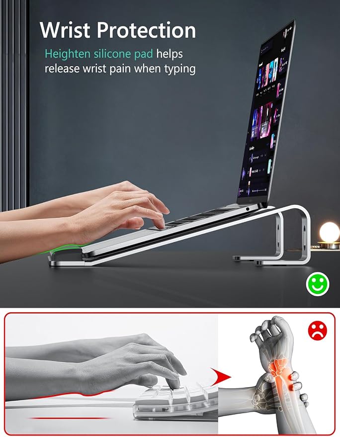 JCZT Aluminum Laptop Stand, Notebook Stand with Wrist Rest, Ergonomic Detachable Laptop Mount, Computer Stand Compatible with 10-17'' All Laptops Such as MacBook Air Pro/HP/Dell/Lenovo, Silver