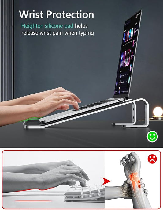 JCZT Aluminum Laptop Stand, Notebook Stand with Wrist Rest, Ergonomic Detachable Laptop Mount, Computer Stand Compatible with 10-17'' All Laptops Such as MacBook Air Pro/HP/Dell/Lenovo, Silver