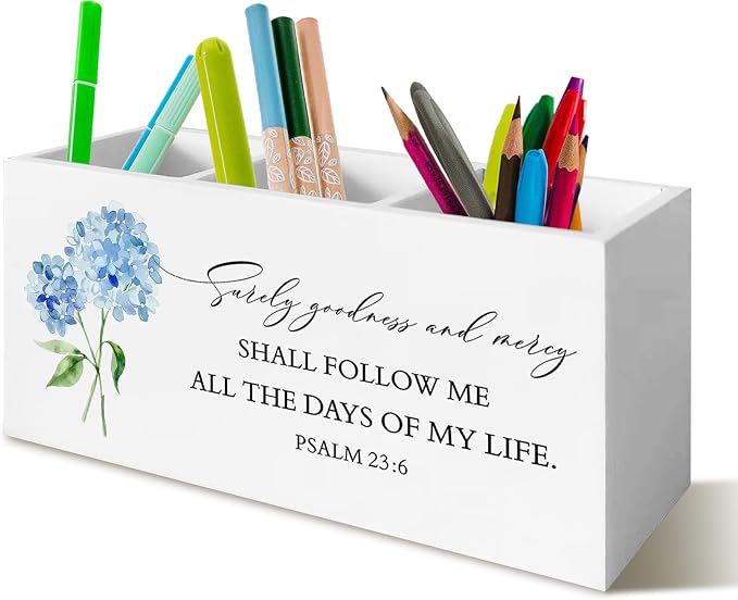 Hydrangea Christian Decor, Hydrangeas Pen Holder for Office Desk, Christian Hydrangea Gifts for Women Men, Bible PSALM 23:6 Wooden Pencil Holder Sign Organizer for Home Office Desk Accessories