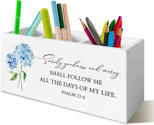 Hydrangea Christian Decor, Hydrangeas Pen Holder for Office Desk, Christian Hydrangea Gifts for Women Men, Bible PSALM 23:6 Wooden Pencil Holder Sign Organizer for Home Office Desk Accessories