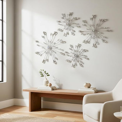 ZEXUIRU 4 Set Silver Starburst Wall Art for Home Decor Metal Bling Crystal Rhinestones Sunburst Wall Decor Sparkling Rhinestone Art Accent -Silver 13in/11.8in/9.8in/9.8in
