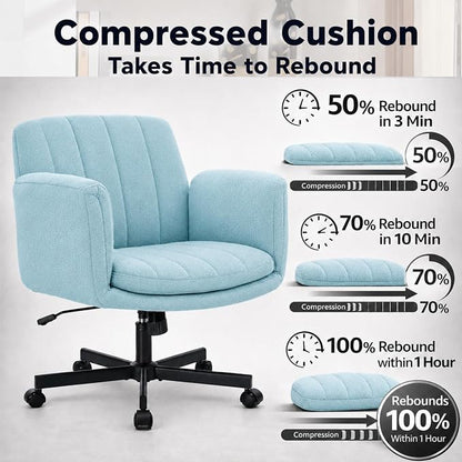 Criss Cross Office Chair with Wheels and Arms, Vanity Chair with Back, Comfy Swivel Cross Legged Office Chairs for Ultimate Comfort and Support, Unique Multifunctional Stylish Arms (Fabric Green)