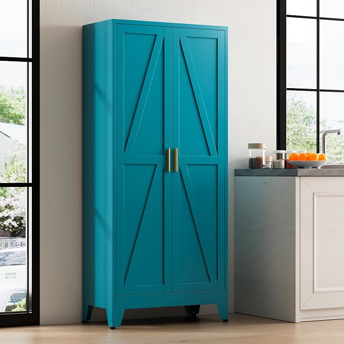 Metal Pantry Cabinet, 61" Tall Kitchen Storage Cabinet with 2 Doors and 3 Adjustable Shelves for Kitchen, Living Room, Dining Room, Bathroom and Home, Office (Blue, 1PC)