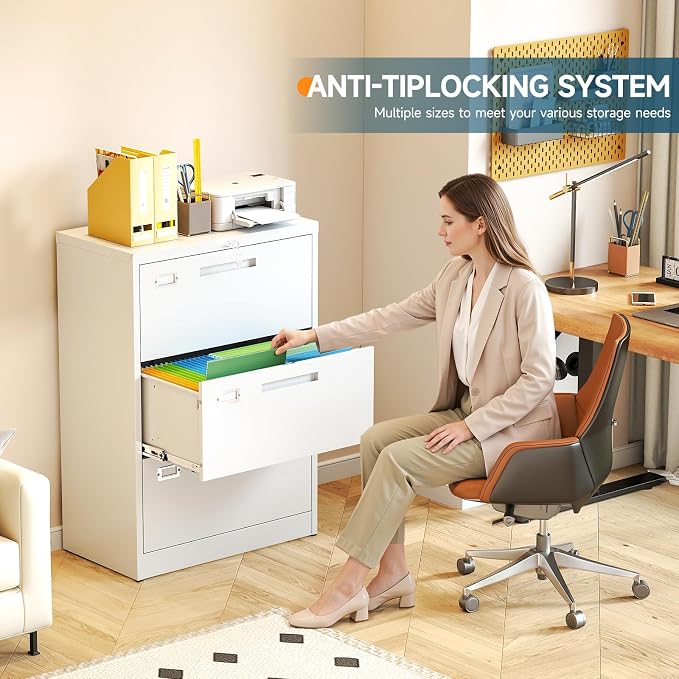 MIIIKO Lateral 3 Drawer File Cabinet,White Metal Filing Cabinets with Lock, Metal Storage File Cabinets for Home Office,Letter/Legal/A4 Size