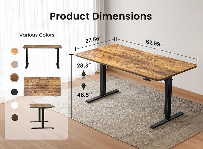 BANTI 63 × 28 Inches Standing Desk, Ergonomic, Electric Height Adjustable, Sit and Stand Up, Computer Desk with a Deeper Desktop, Black Frame/Rustic Brown Top
