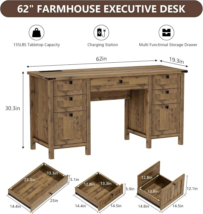 Farmhouse Executive Desk with 5 Drawers - 62" W Farmhouse Computer Desk with Power Outlets & USB Charging, Heavy Duty Storage Desk for Home Office & Study.Vintage