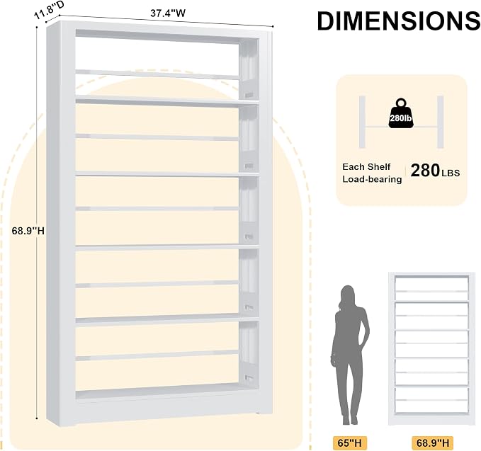 Metal White Bookshelf, 69" Tall Bookshelf with Adjustable Shelves, 5 Shelf Bookcase, Large Bookshelves and Bookcases, Book Shelf Organizer for Home Office, Library, Bedroom, Living Room