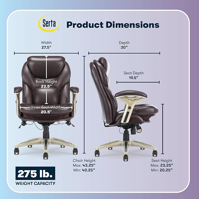 Serta Claremont Executive Office Chair with Back-In-Motion Technology, Ergonomic Mid-Back with Pivot Lumbar Support & Seat, Plush Cushion, Body Pillows, Adjustable Arms, Bonded Leather, Chestnut Brown