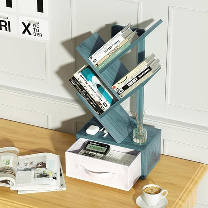 SHEEPAM Small Book Shelf with Drawer,4 Tier Black Tree Bookshelf,Blue Desktop Bookcase,Modern Desk Display Storage Bookshelves,Floor Standing Organizer Bookcases for Living Room,Bedroom,Office