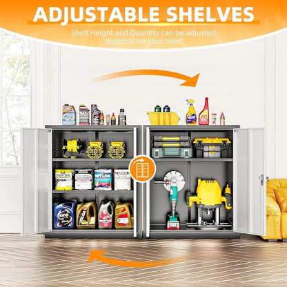 INTERGREAT Metal Garage Storage Cabinet, 36" Lockable Storage Cabinet with 2 Doors and 2 Adjustable Shelves, Steel Grey White File Cabinet Great for Home Office, Garage, Warehouse, Study Room
