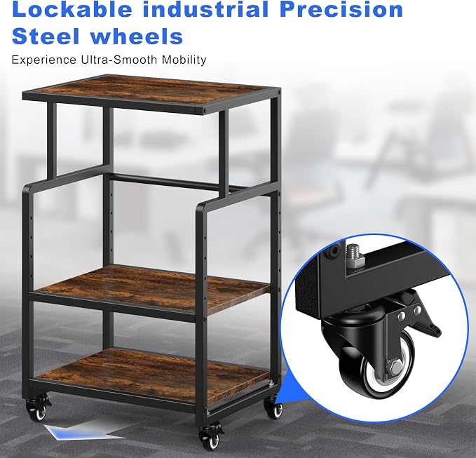 21.3 x 15.7 Inch Printer Stand, 5-Adjustable Heights 3 Tier Printer Cart with Wheels, Mobile Printer Table for Home Office for Storage Heat Press Scanner Fax, Rustic Brown