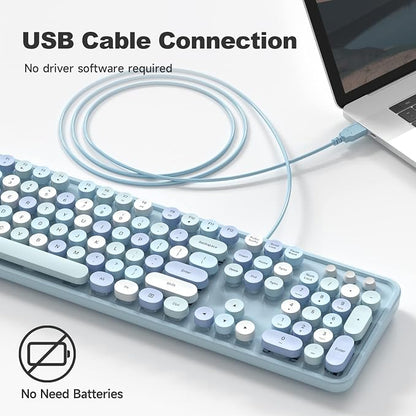 MOWUX Computer Keyboard Wired, Plug and Play USB Retro Round Typewriter Keyboard, Full Size Wired Keyboard with Foldable Stands for Laptop and Office PC- Blue Colorful
