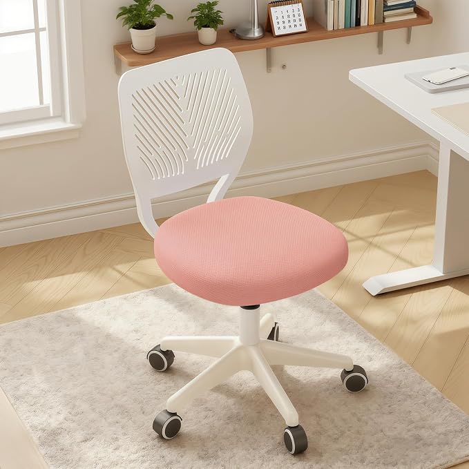 Armless Desk Chair Swivel Office Rolling Chair with Soft Padded Cushion, Height Adjustable Small Task Chair, Ergonomic Study Computer Chair for Kids Girls Boys Teens (Pink, 2PCS)