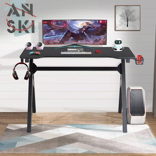 FDW Computer Desk Gaming Desk Student PC Desk Writing Desk Office Desk Modern Ergonomic Racing Style Table Workstation Carbon Fiber Headphone Hook (47in, Blue)