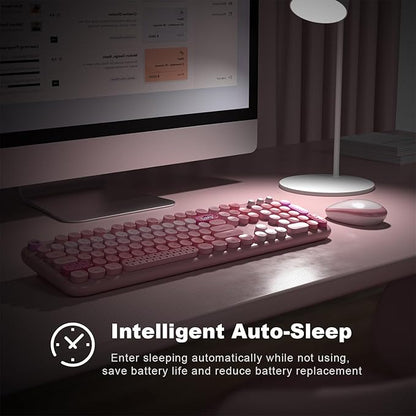 Atelus Wireless Keyboard and Mouse, Typewriter Full Size Keyboard with Number Pad and 2 in 1 USB Connected Mouse for Windows 7/8/10, Laptop, Desktop, PC, Computer (Pink Colorful)