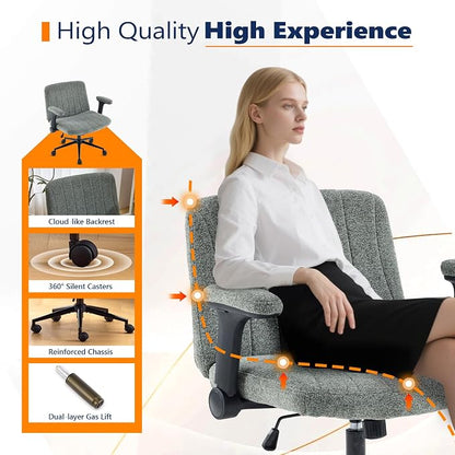 VINGLI Criss Cross Chair with Adjustable Flip-Up Arms,Cross Legged Chair with Wheels, Extra Wide Office Chair,Cozy Desk Chair for Home Office, Vanity, Apartment,Chenille Velvet,Dark Green