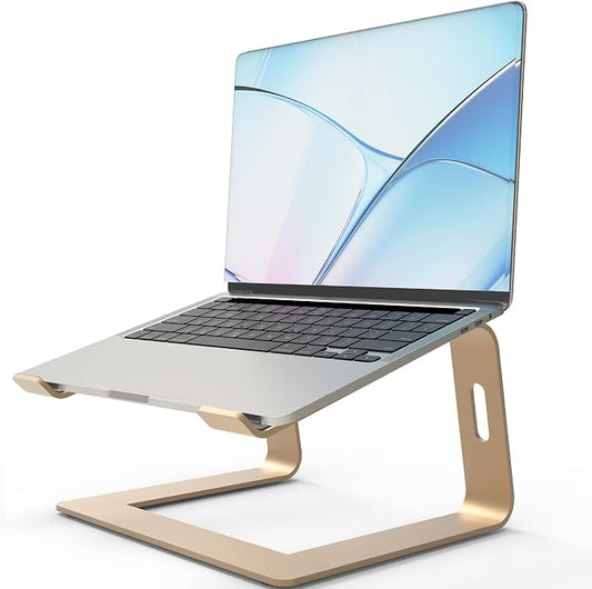 Orionstar Ergonomic Laptop Stand, Premium 5mm Aluminum Riser for 10-15.6 Inch Notebook Computer, Tool-Free Detachable Elevator Holder for Desk Office, Sturdy Riser for Eye-Level Neck Relief (Gold)