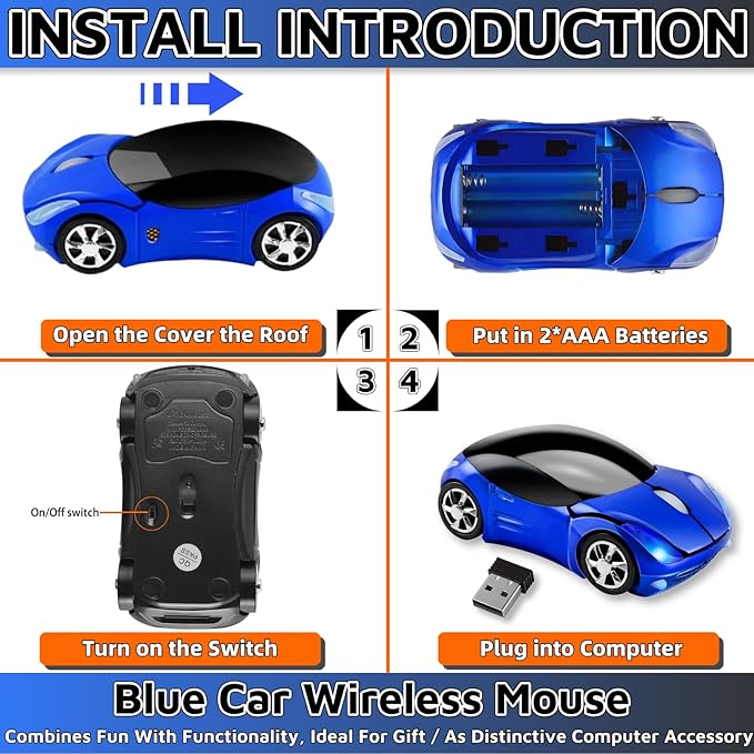 HuGuWdy Blue Cute Wireless Mouse，2.4G with USB Reciver 1600DPI Car Mouse for Computer Laptop Tablet for Windows for Mac OS for Christmas（Blue）