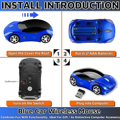 HuGuWdy Blue Cute Wireless Mouse，2.4G with USB Reciver 1600DPI Car Mouse for Computer Laptop Tablet for Windows for Mac OS for Christmas（Blue）
